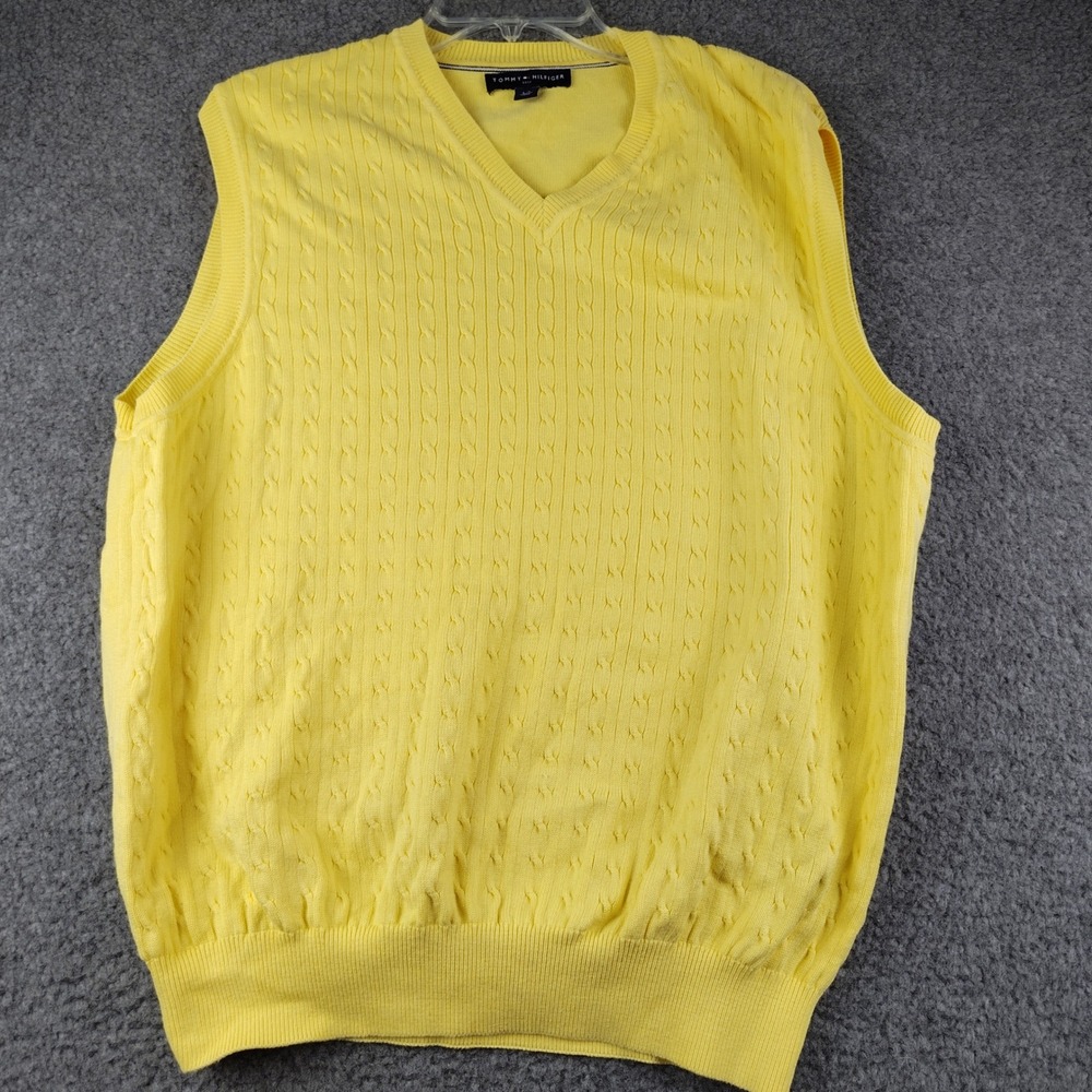 Tommy Hilfiger Cotton Sweater Vest Mens Large Golf Yellow Cable Knit EUC
